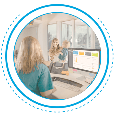 A healthcare secretary serving a patient using patient engagement tools